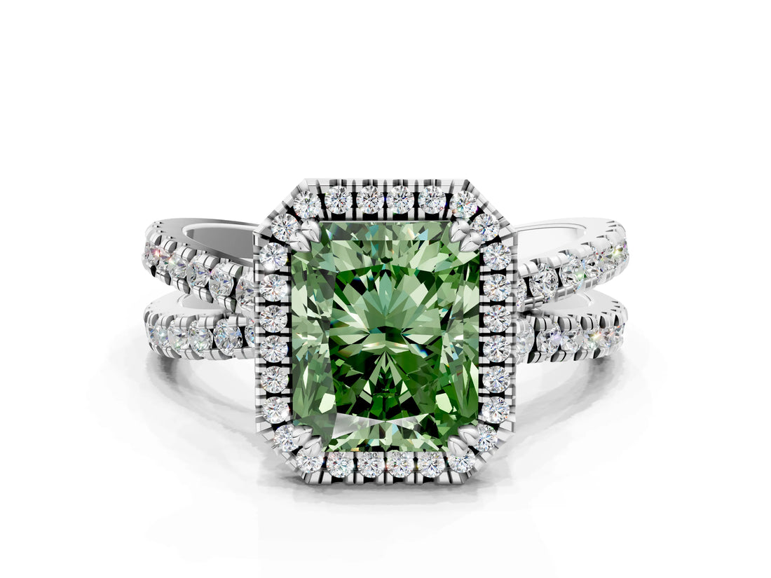 White gold Fancy Green Radiant  Halo Split Shank Diamond Ring with Pavé Setting_38