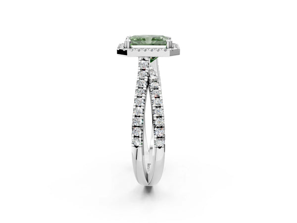 Platinum Fancy Green Radiant  Halo Split Shank Diamond Ring with Pavé Setting