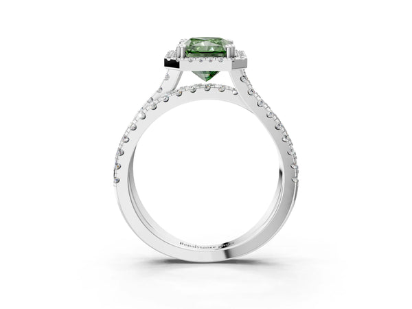 Platinum Fancy Green Radiant  Halo Split Shank Diamond Ring with Pavé Setting