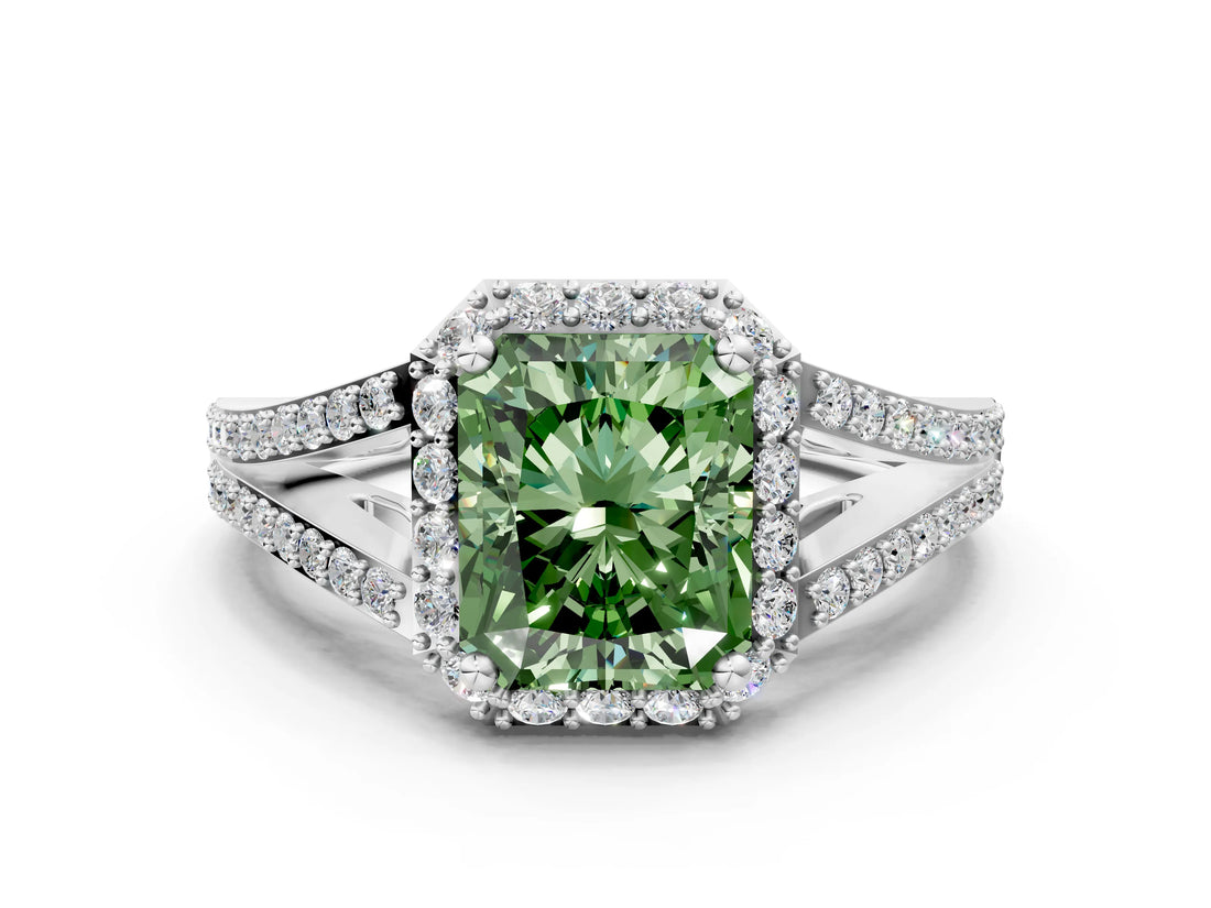 White gold Fancy Green Radiant  Halo Split Shank Pave Diamond Ring with Four-Prong Setting_49
