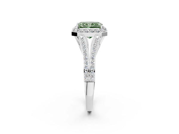 White gold Fancy Green Radiant  Halo Split Shank Pave Diamond Ring with Four-Prong Setting