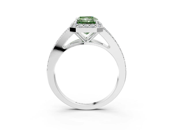 White gold Fancy Green Radiant  Halo Split Shank Pave Diamond Ring with Four-Prong Setting
