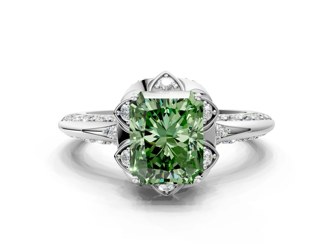 White gold Fancy Green Radiant  Halo Split Shank Pave Diamond Ring with Petal Prong Setting_33