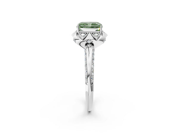 White gold Fancy Green Radiant  Halo Split Shank Pave Diamond Ring with Petal Prong Setting