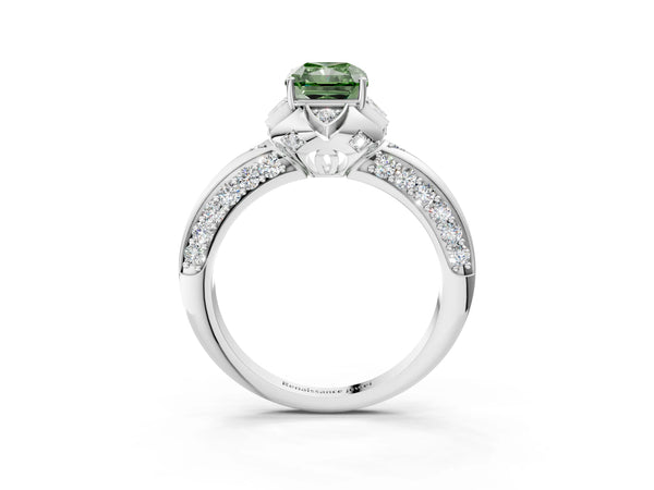 White gold Fancy Green Radiant  Halo Split Shank Pave Diamond Ring with Petal Prong Setting