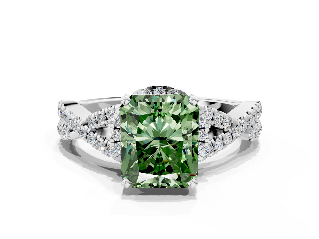 White gold Fancy Green Radiant  Halo Twist Band Solitaire Prong Setting Ring_59
