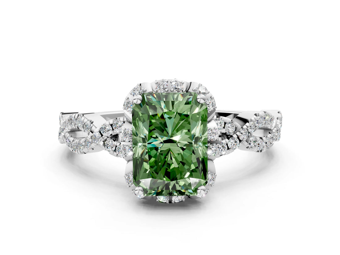 White gold Fancy Green Radiant  Halo Twist Band Solitaire Ring with Six-Prong Setting_3
