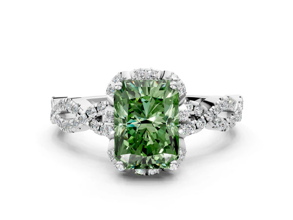 White gold Fancy Green Radiant  Halo Twist Band Solitaire Ring with Six-Prong Setting