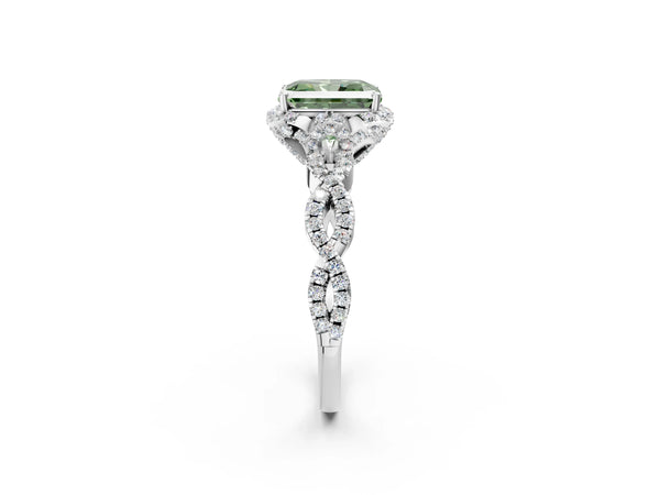 White gold Fancy Green Radiant  Halo Twist Band Solitaire Ring with Six-Prong Setting