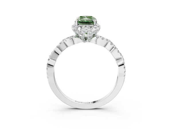 White gold Fancy Green Radiant  Halo Twist Band Solitaire Ring with Six-Prong Setting