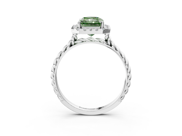 Platinum Fancy Green Radiant  Halo Twisted Band Four-Prong Diamond Ring
