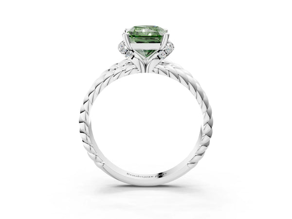 White Gold Radiant Cut Engagement Ring Setting for Fancy Green Center with Rope Split Shank