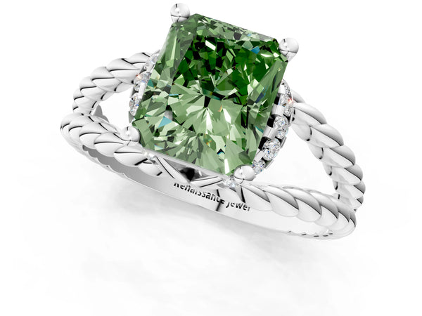 Sterling Silver Radiant Cut Engagement Ring Setting for Fancy Green Center with Rope Split Shank