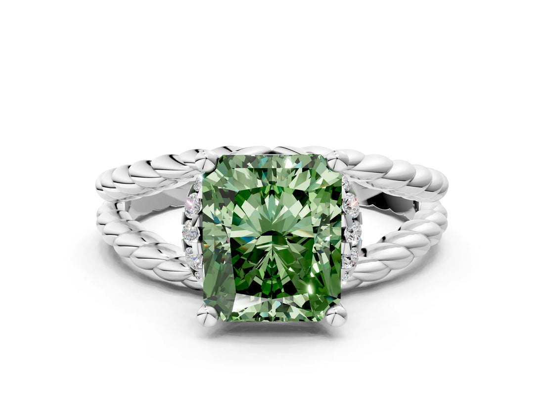 White gold Fancy Green Radiant  Halo Twisted Band Four-Prong Ring_56