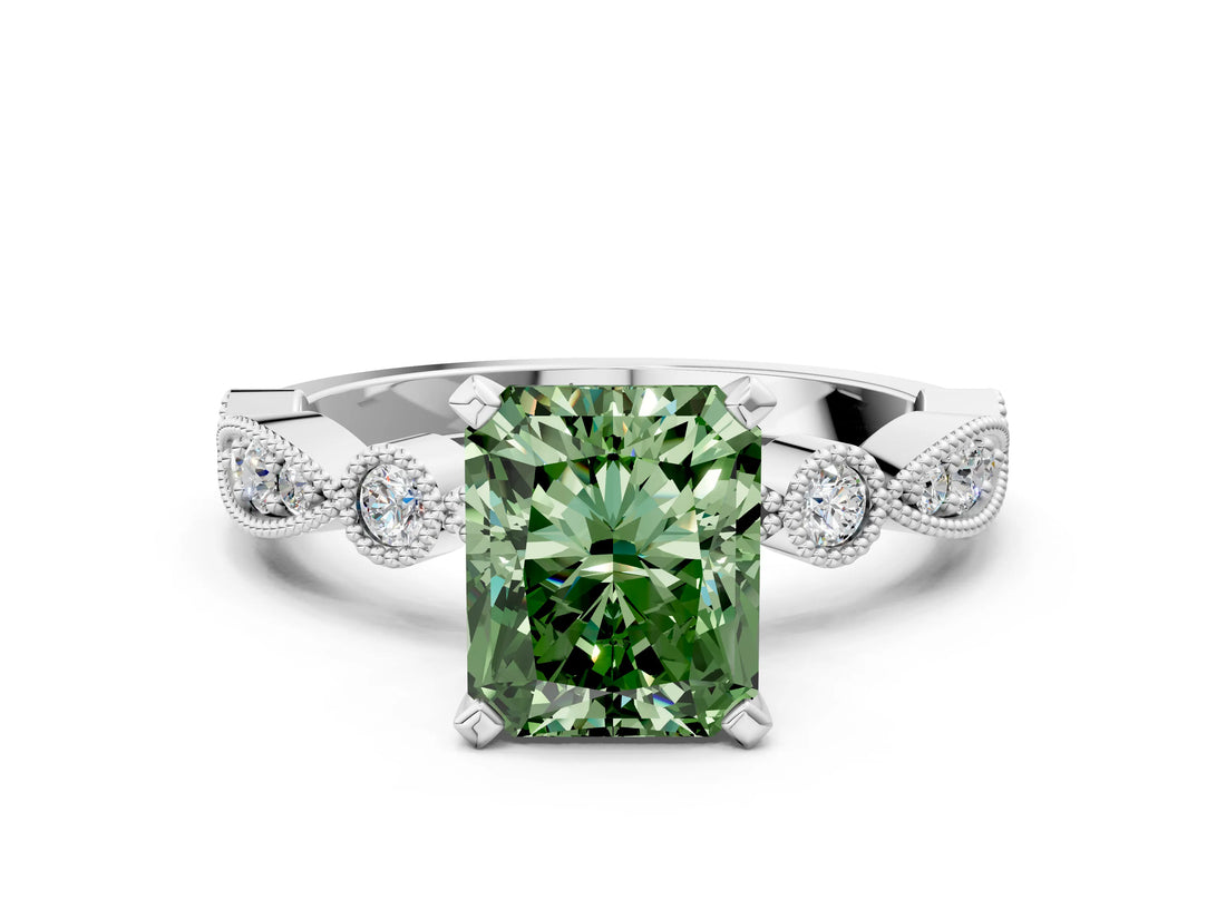 White gold Fancy Green Radiant  Milgrain Bezel Diamond Engagement Ring with Solitaire Prong Setting_176