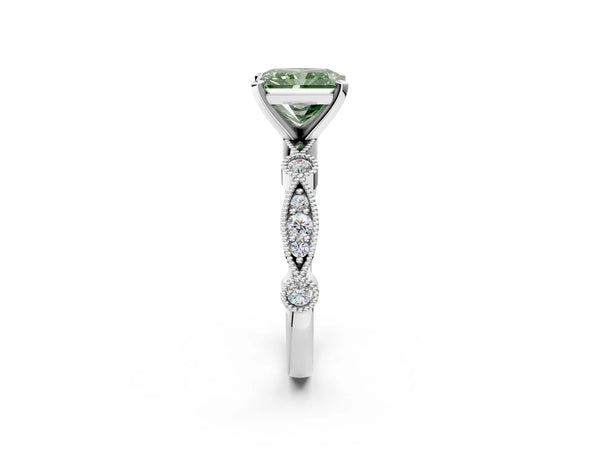 Platinum Fancy Green Radiant  Milgrain Bezel Diamond Engagement Ring with Solitaire Prong Setting