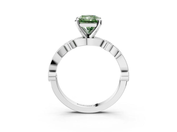 Platinum Fancy Green Radiant  Milgrain Bezel Diamond Engagement Ring with Solitaire Prong Setting