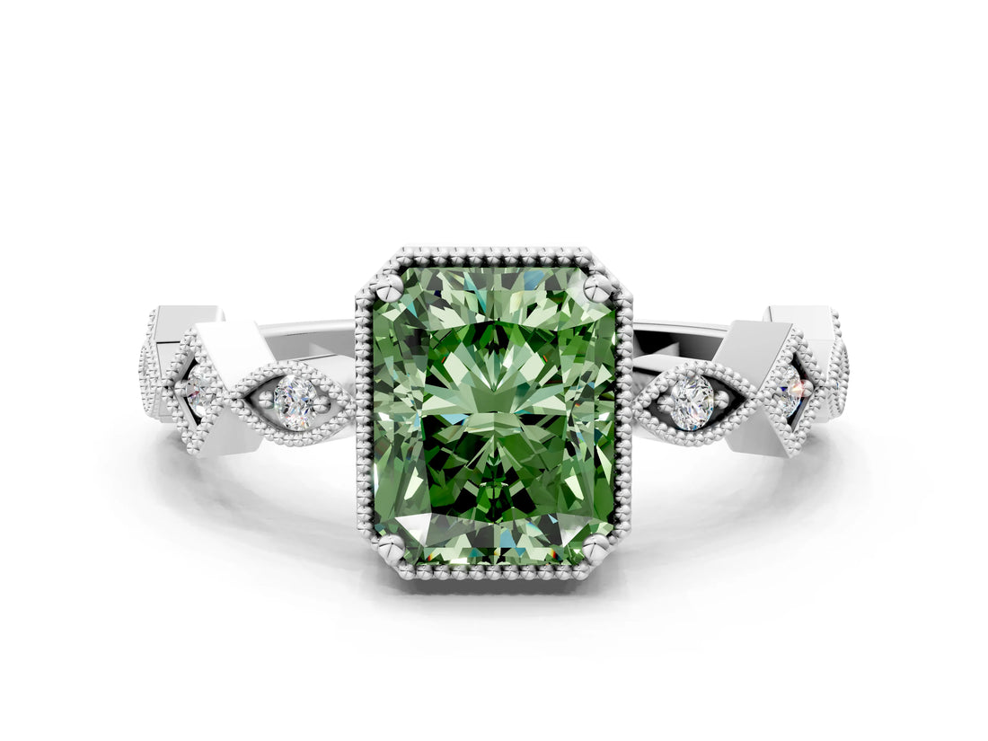 White gold Fancy Green Radiant  Milgrain Marquise Diamond Twist Band Ring_62