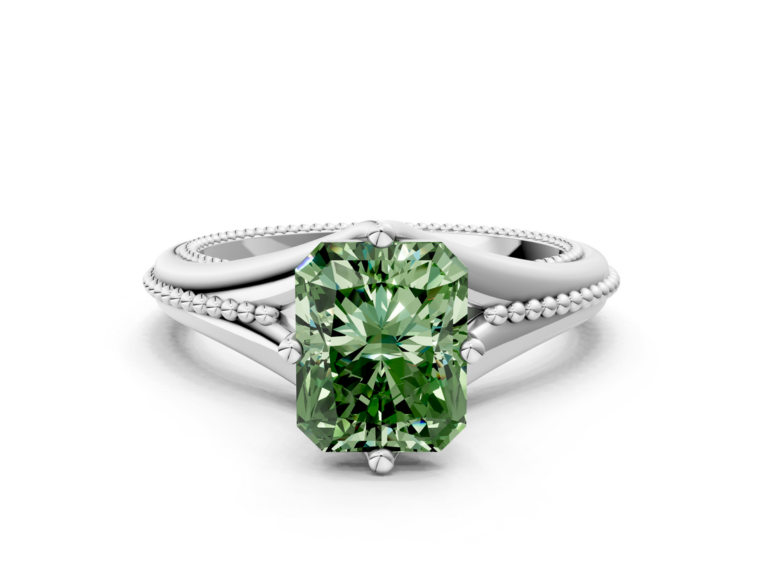 White gold Fancy Green Radiant  Solitaire Beaded Band Six-Prong Setting
