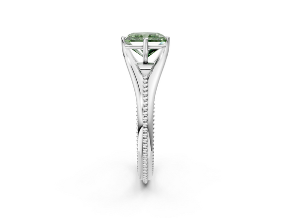 White gold Fancy Green Radiant  Solitaire Beaded Band Six-Prong Setting