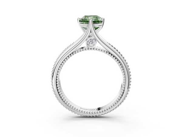 White gold Fancy Green Radiant  Solitaire Beaded Band Six-Prong Setting
