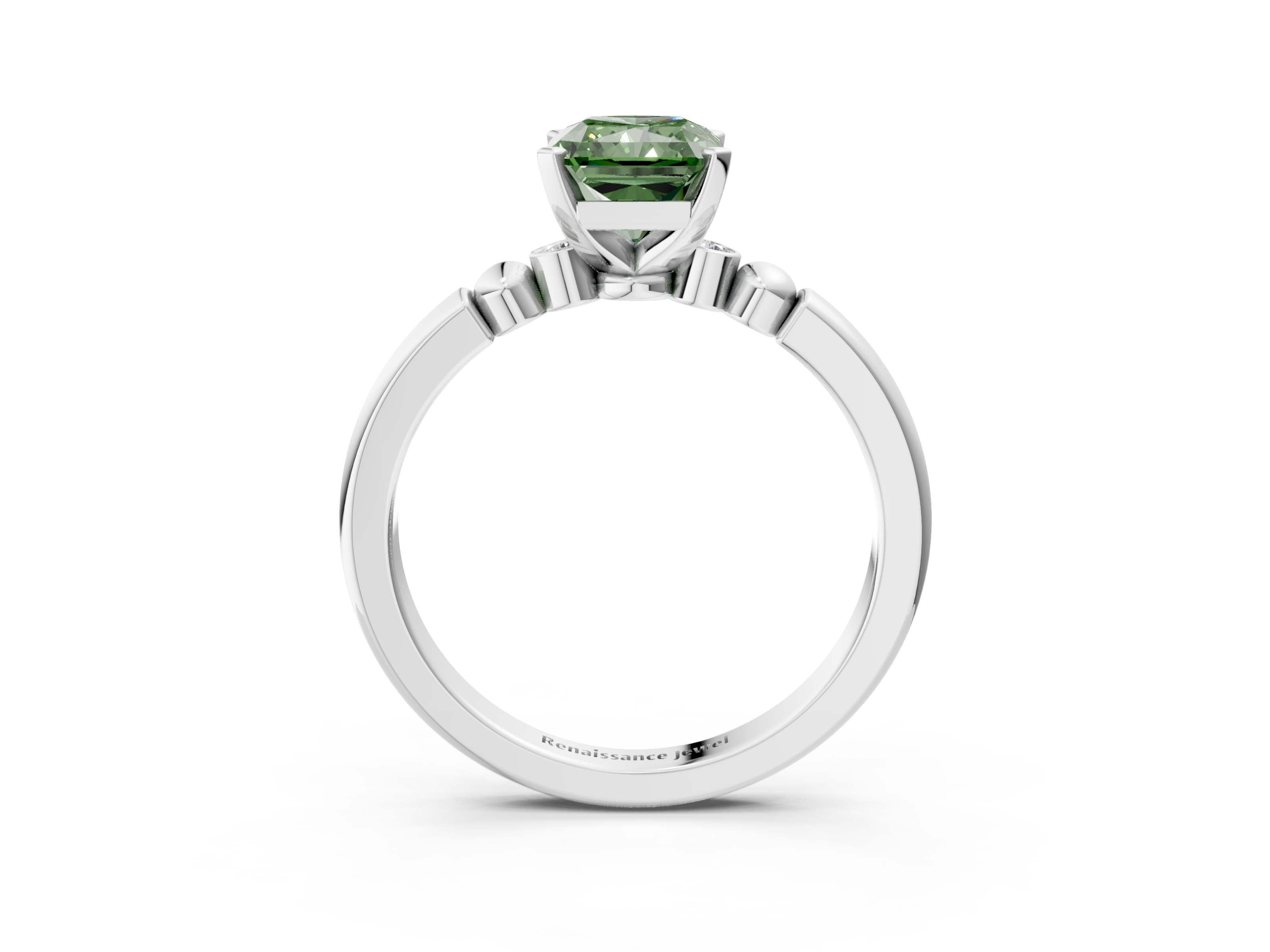 White gold Fancy Green Radiant  Solitaire Beaded Band with Four-Prong Setting_11
