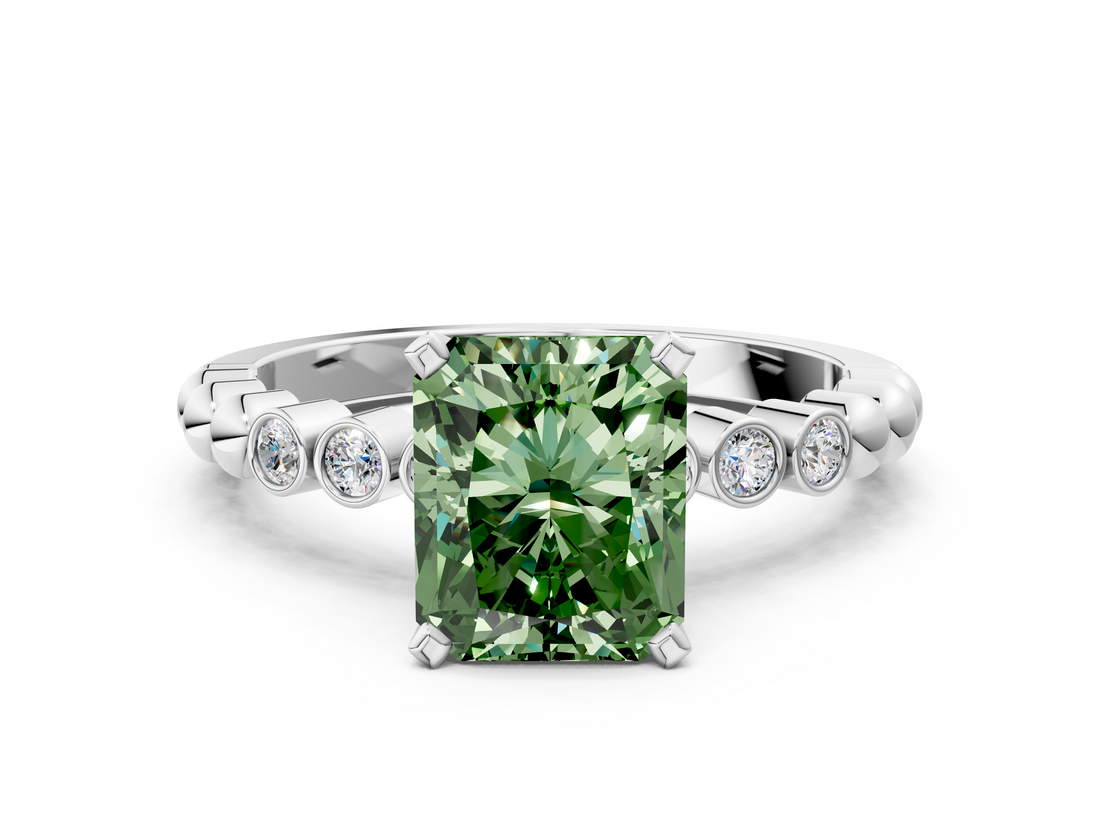 White gold Fancy Green Radiant  Solitaire Bezel Accent Diamond Engagement Ring with Beaded Band and Four-Prong Setting_38