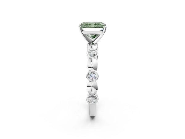 Platinum Fancy Green Radiant  Solitaire Bezel-Set Diamond Ring with Beaded Band and Four-Prong Setting