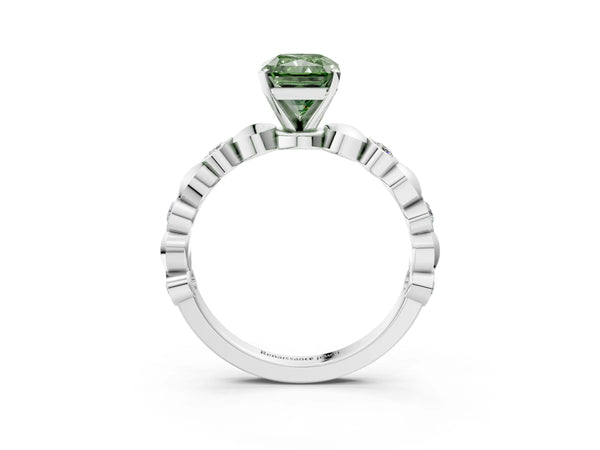Platinum Fancy Green Radiant  Solitaire Bezel-Set Diamond Ring with Beaded Band and Four-Prong Setting