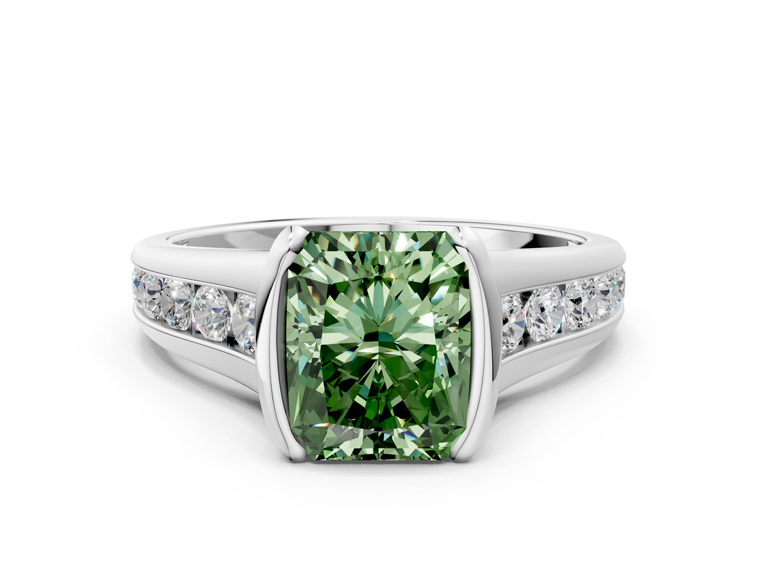 White gold Fancy Green Radiant  Solitaire Bezel-Set Diamond Ring with Channel-Set Band_37