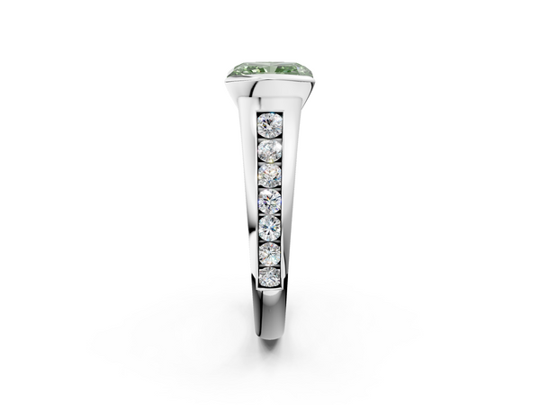 Platinum Fancy Green Radiant  Solitaire Bezel-Set Diamond Ring with Channel-Set Band