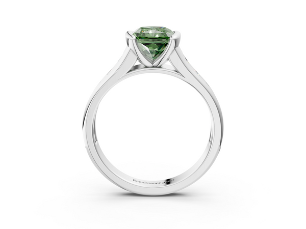 Platinum Fancy Green Radiant  Solitaire Bezel-Set Diamond Ring with Channel-Set Band