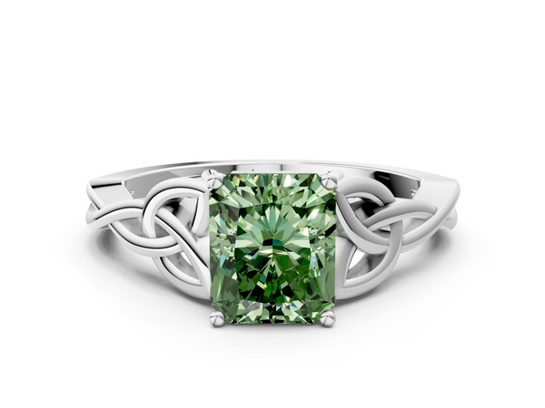 Platinum Fancy Green Radiant Cut Diamond Solitaire Engagement Ring with Celtic Knot Band and Four-Prong Setting