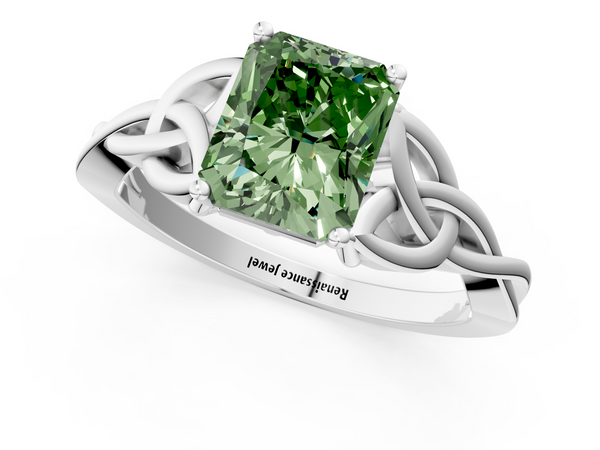 Platinum Fancy Green Radiant Cut Diamond Solitaire Engagement Ring with Celtic Knot Band and Four-Prong Setting
