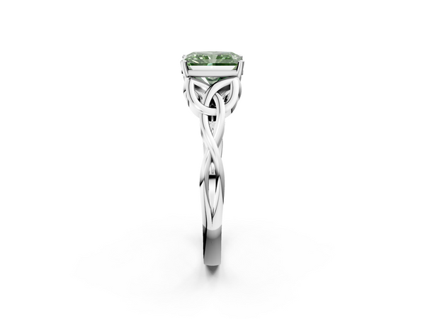 Platinum Fancy Green Radiant Cut Diamond Solitaire Engagement Ring with Celtic Knot Band and Four-Prong Setting