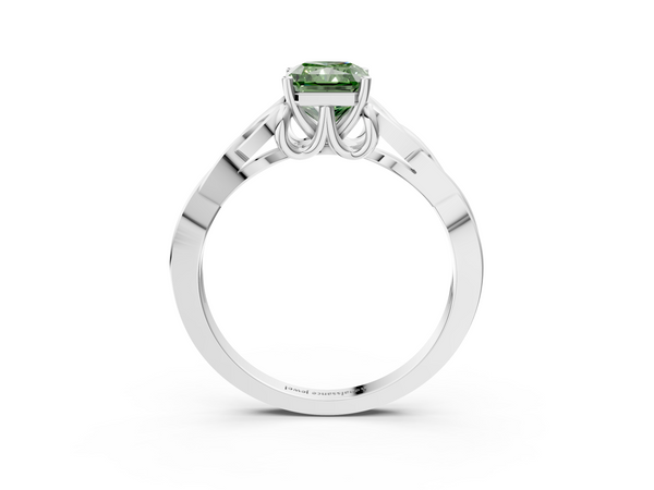 Platinum Fancy Green Radiant Cut Diamond Solitaire Engagement Ring with Celtic Knot Band and Four-Prong Setting