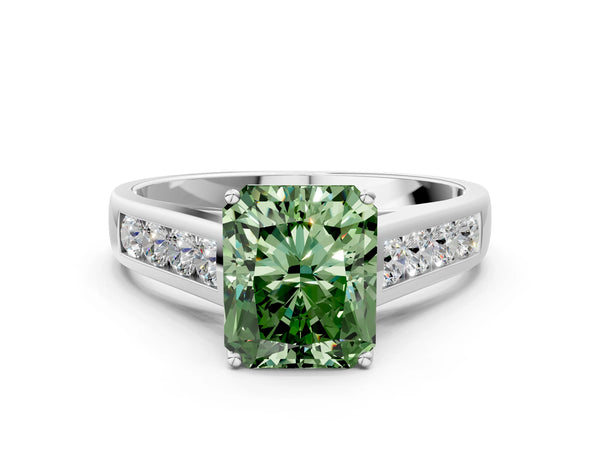Platinum Fancy Green Radiant  Solitaire Channel-Set Diamond Engagement Ring with Four-Prong Setting
