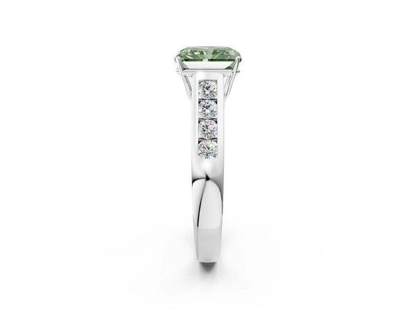 Platinum Fancy Green Radiant  Solitaire Channel-Set Diamond Engagement Ring with Four-Prong Setting