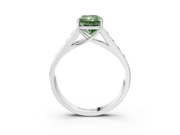 Platinum Fancy Green Radiant  Solitaire Channel-Set Diamond Engagement Ring with Four-Prong Setting