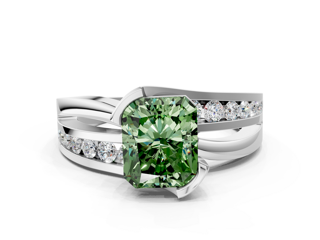 White gold Fancy Green Radiant  Solitaire Channel-Set Split Shank Ring with Tension Prong Setting_3