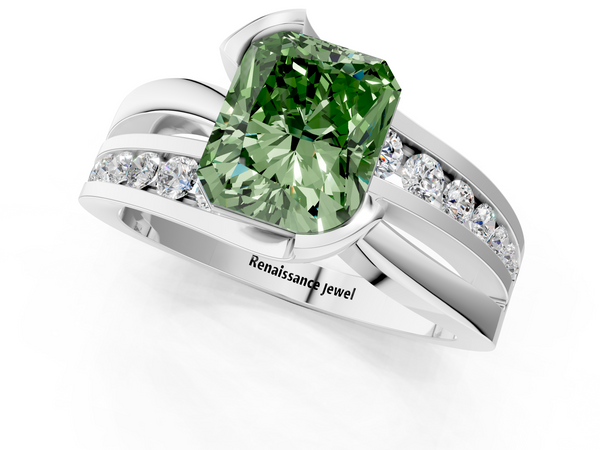 Platinum Fancy Green Radiant  Solitaire Channel-Set Split Shank Ring with Tension Prong Setting