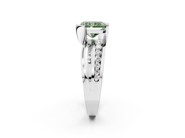 Platinum Fancy Green Radiant  Solitaire Channel-Set Split Shank Ring with Tension Prong Setting