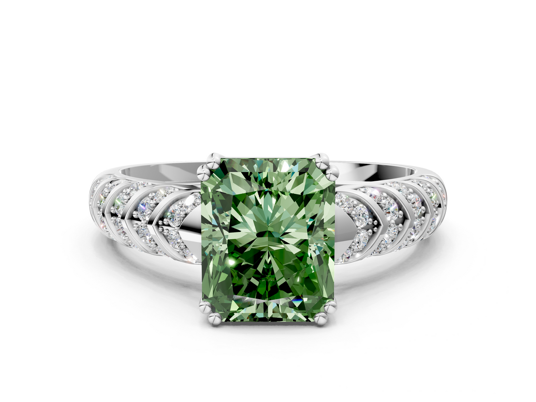 White gold Fancy Green Radiant  Solitaire Chevron Pave Diamond Engagement Ring with Six-Prong Setting_3