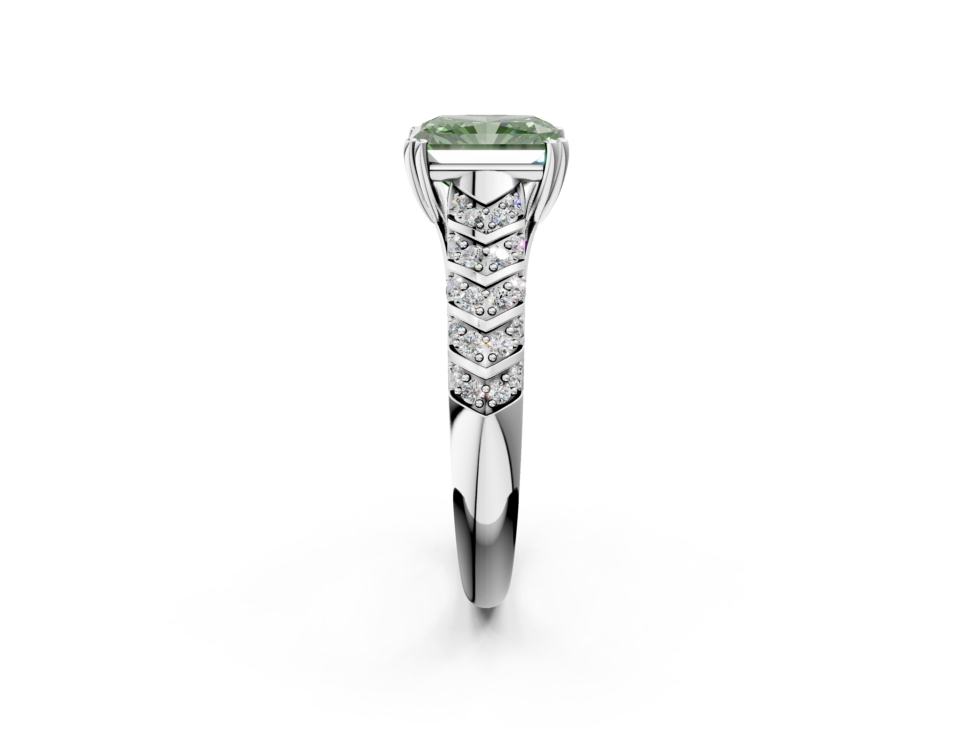 White gold Fancy Green Radiant  Solitaire Chevron Pave Diamond Engagement Ring with Six-Prong Setting_5