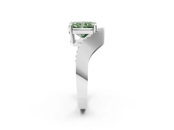 White gold Fancy Green Radiant  Solitaire Diamond Engagement Ring with Pave Band and Four-Prong Setting