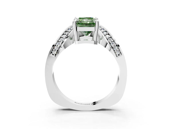 White gold Fancy Green Radiant  Solitaire Diamond Engagement Ring with Pave Band and Four-Prong Setting