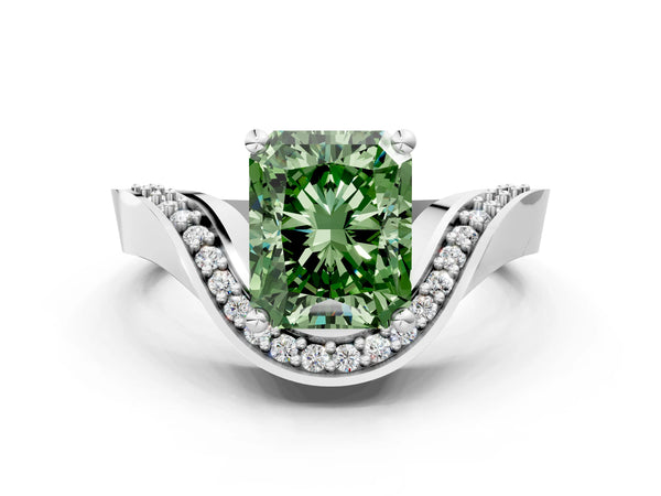 White gold Fancy Green Radiant  Solitaire Diamond Engagement Ring with Pave Band and Four-Prong Setting