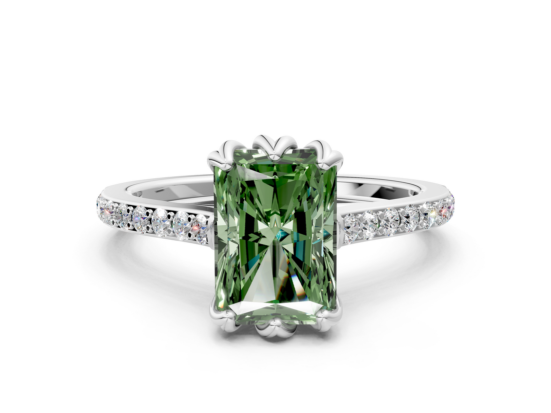 White gold Fancy Green Radiant  Solitaire Diamond Engagement Ring with Pave Band and Six-Prong Setting_37