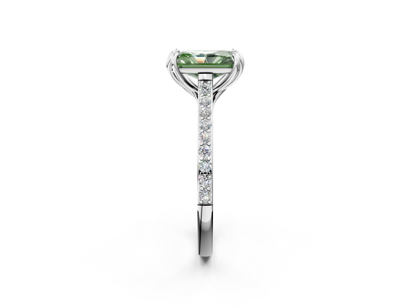 White gold Fancy Green Radiant  Solitaire Diamond Engagement Ring with Pave Band and Six-Prong Setting