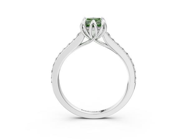 White gold Fancy Green Radiant  Solitaire Diamond Engagement Ring with Pave Band and Six-Prong Setting